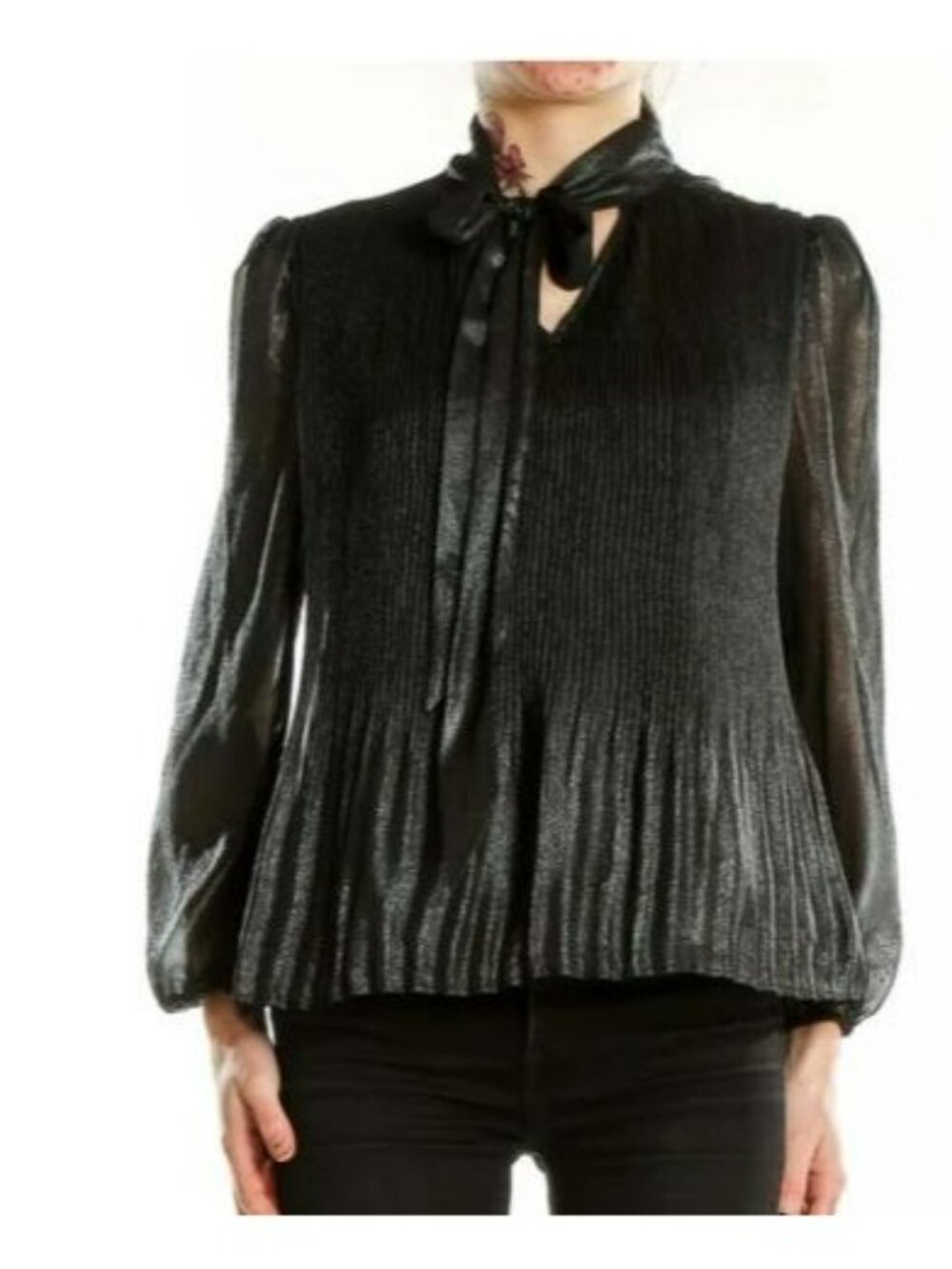 Nanette Lepore Metallic Black Pleated Long Sleeve Blouse With Tie Neck Size M - Picture 3 of 13